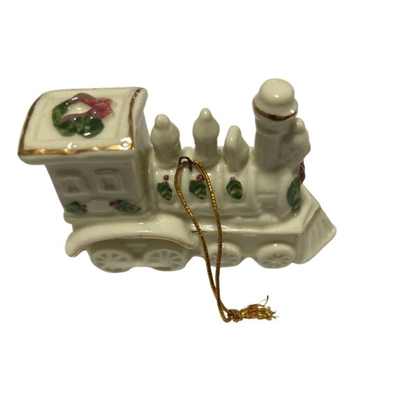 Vintage Ceramic Train Christmas Ornaments Set Of 2 With Gold Accents & Festive W - Picture 4 of 5